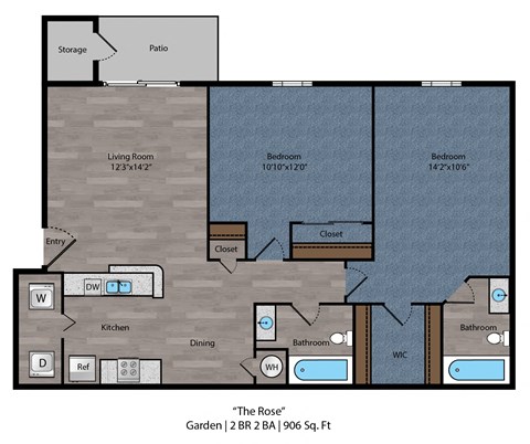 Floor plan for 2 beds, 2 baths, 906 sqft